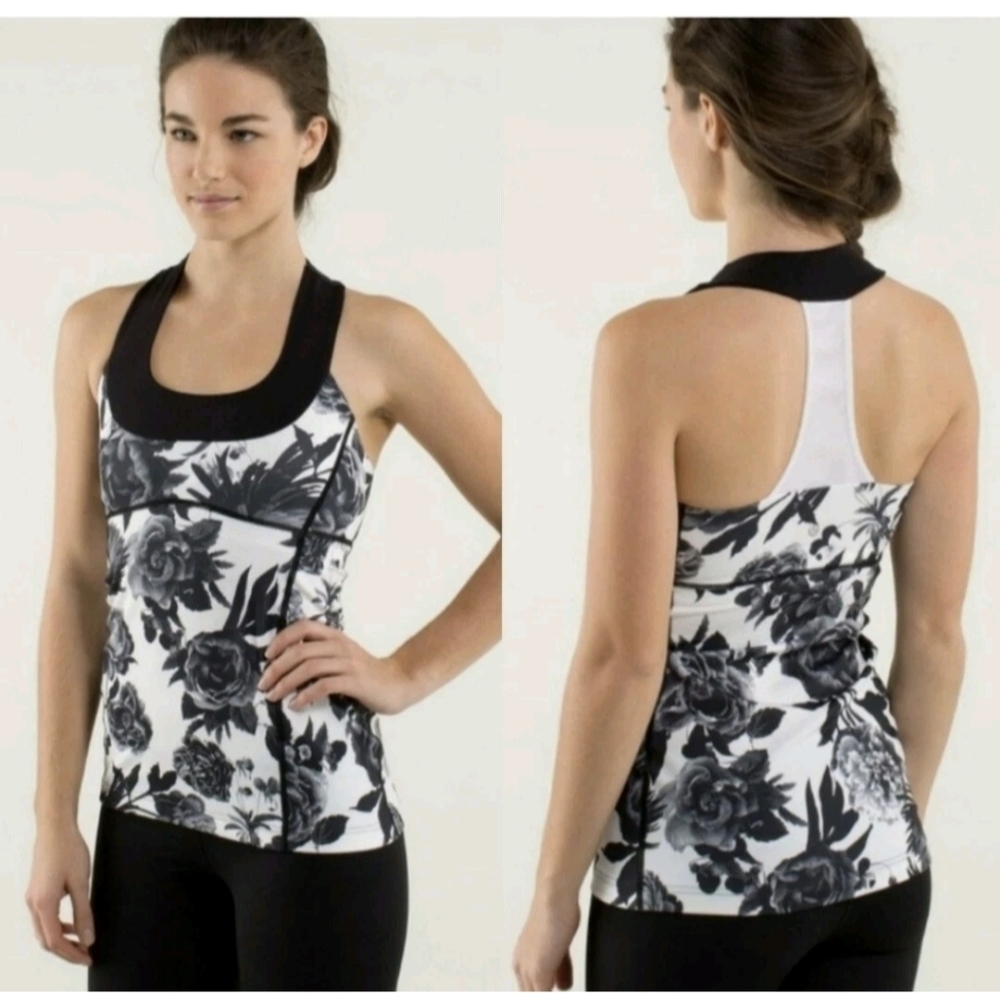 Lululemon Brisk Bloom Size 8 Floral Tank Top Built In Bra Black White